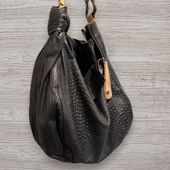 H by Halston Heritage Embossed Leather Pleated Hobo Shoulder Bag Black Tan Purse - Picture 9 of 16